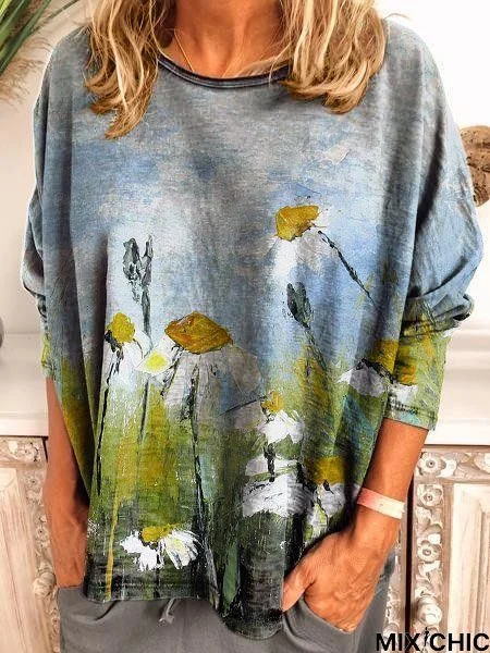 Long Sleeve Crew Neck Oil painting flowers Shirt & Tunic Top