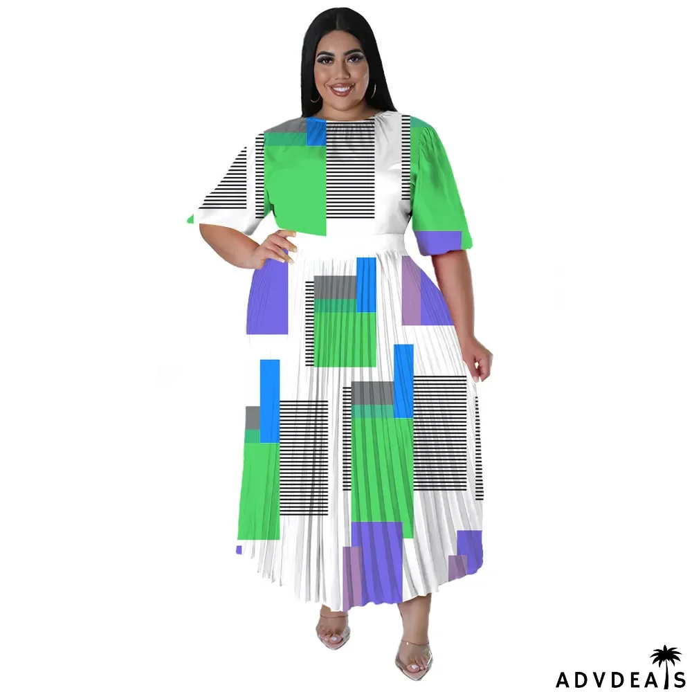 Plus Size Women's Digital Positioning Print Pleated Round Neck Long Casual Dress