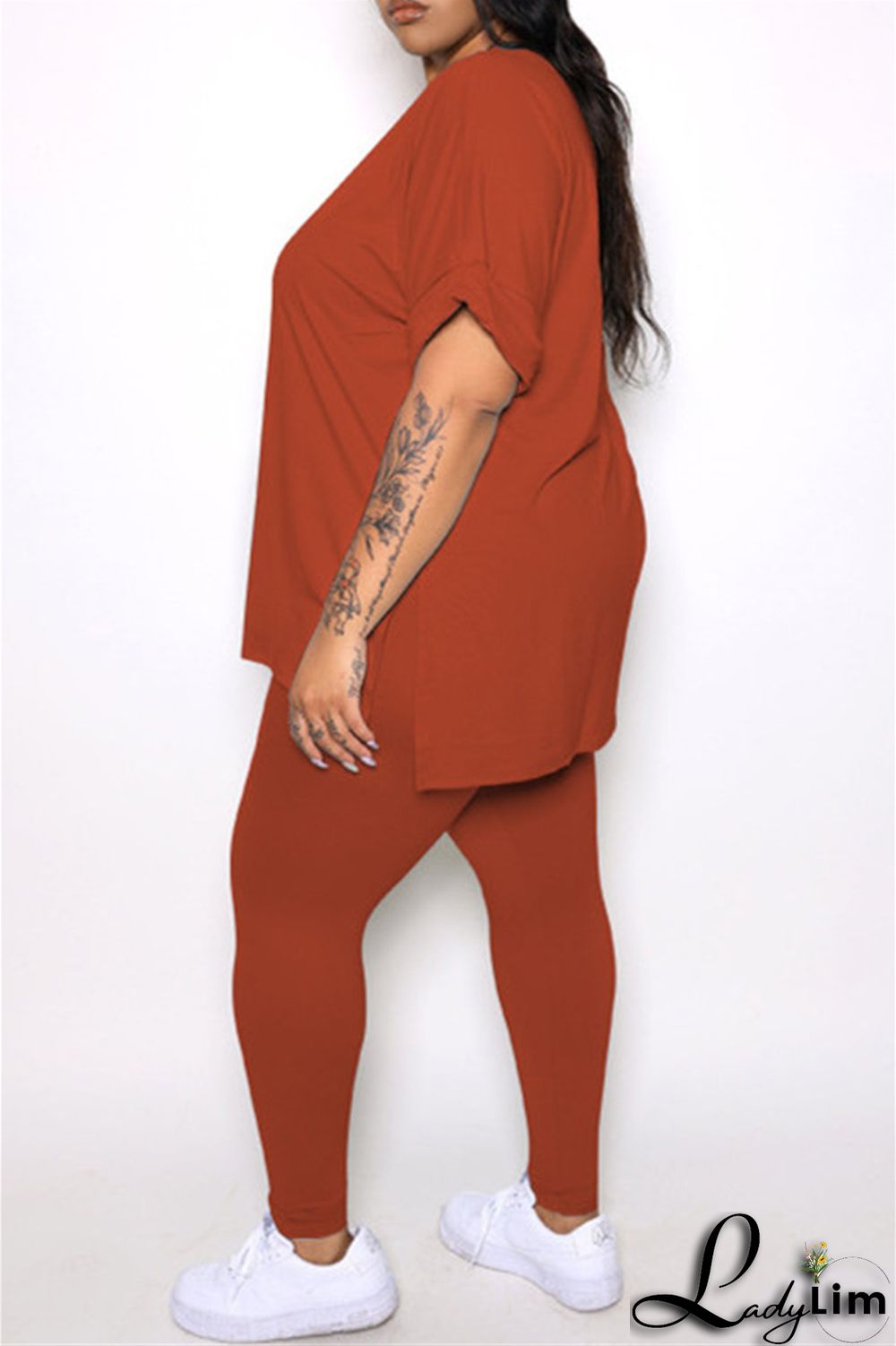 Tibetan Blue Fashion Casual Solid Slit V Neck Plus Size Two Pieces