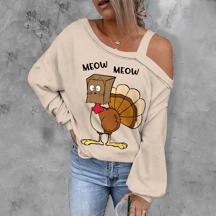 Wearshes Thanksgiving Meow Turkey Print T-Shirt
