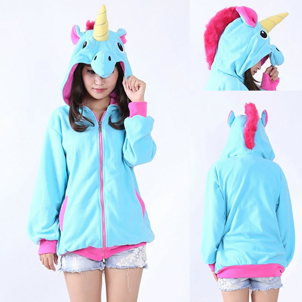 Blue Unicorn Cartoon Zip-up Hoodie Cosplay Costume Long Sleeves-Pajamasbuy