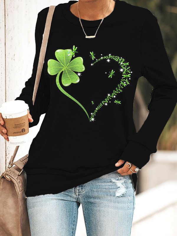 VChics Dragonfly Heart Irish Shamrock Print Sweatshirt
