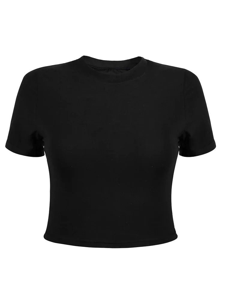 Billionm Comfortable Crew Neck Crop Top for Female Solid Color Short-Sleeved T-Shirt Slim Fit Shirt Women