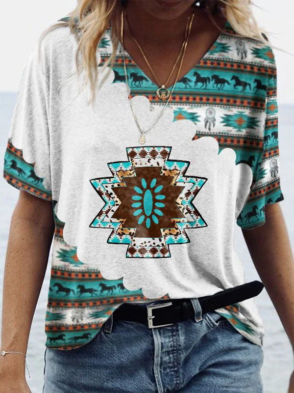 Womens Vintage Geometric Ethnic Horse Graphic T-Shirt