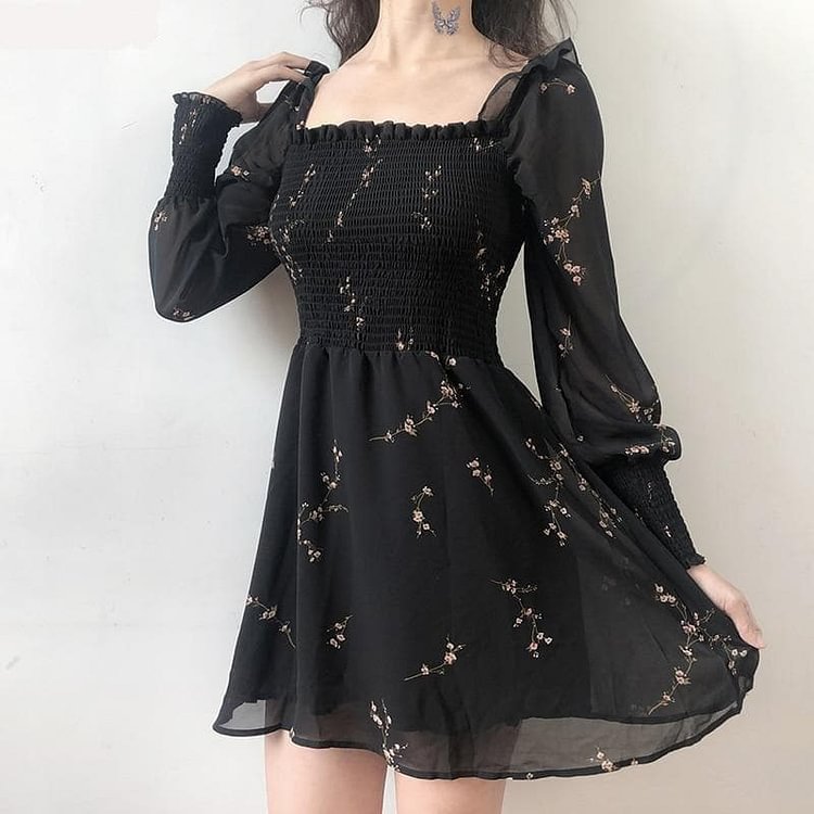 Black Flower Long Puff Sleeve Chiffon Dress SP14958