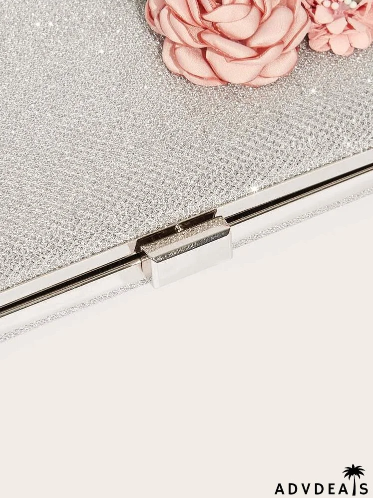 Glitter Floral Decor Chain Box Bag
