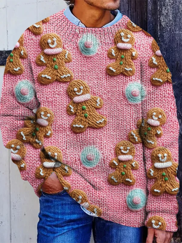 Men's Christmas Gingerbread 3D Embroidery Art Print Knit Sweatshirt