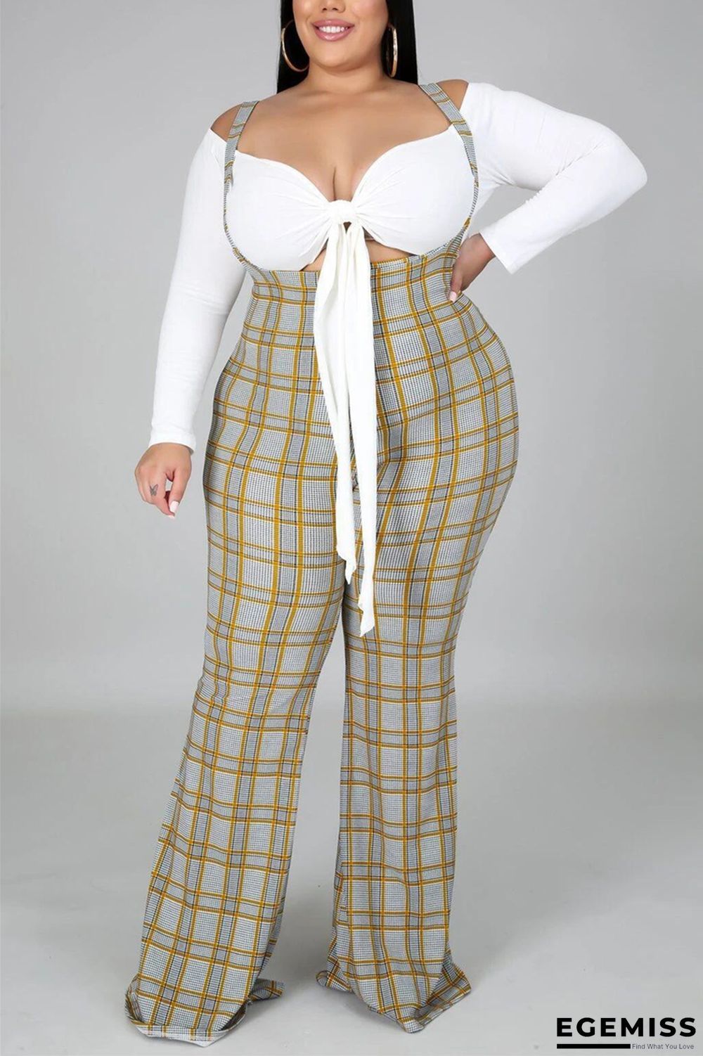 White Fashion Street Adult Plaid Patchwork V Neck Plus Size | EGEMISS