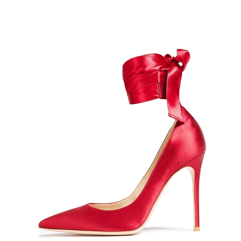 TAAFO Red Satin Stiletto Ankle Women Pumps Pointed Toe High Heels Ladies Wedding Shoes 