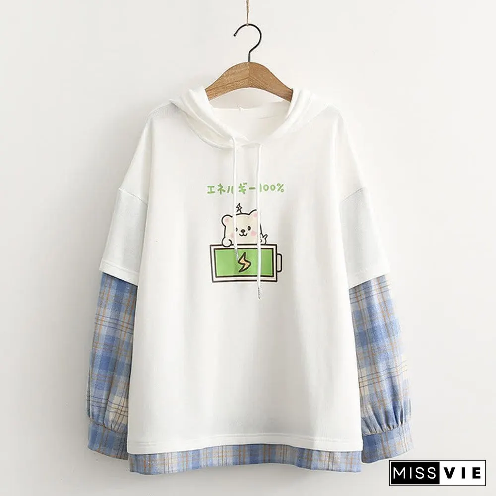 Cartoon Bear Charge Print Plaid Sleeve Hoodie