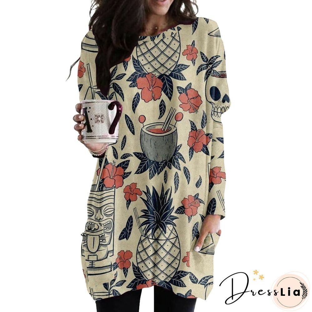 Round Neck Casual Fashion Medium Length Loose Dress 3D Printing