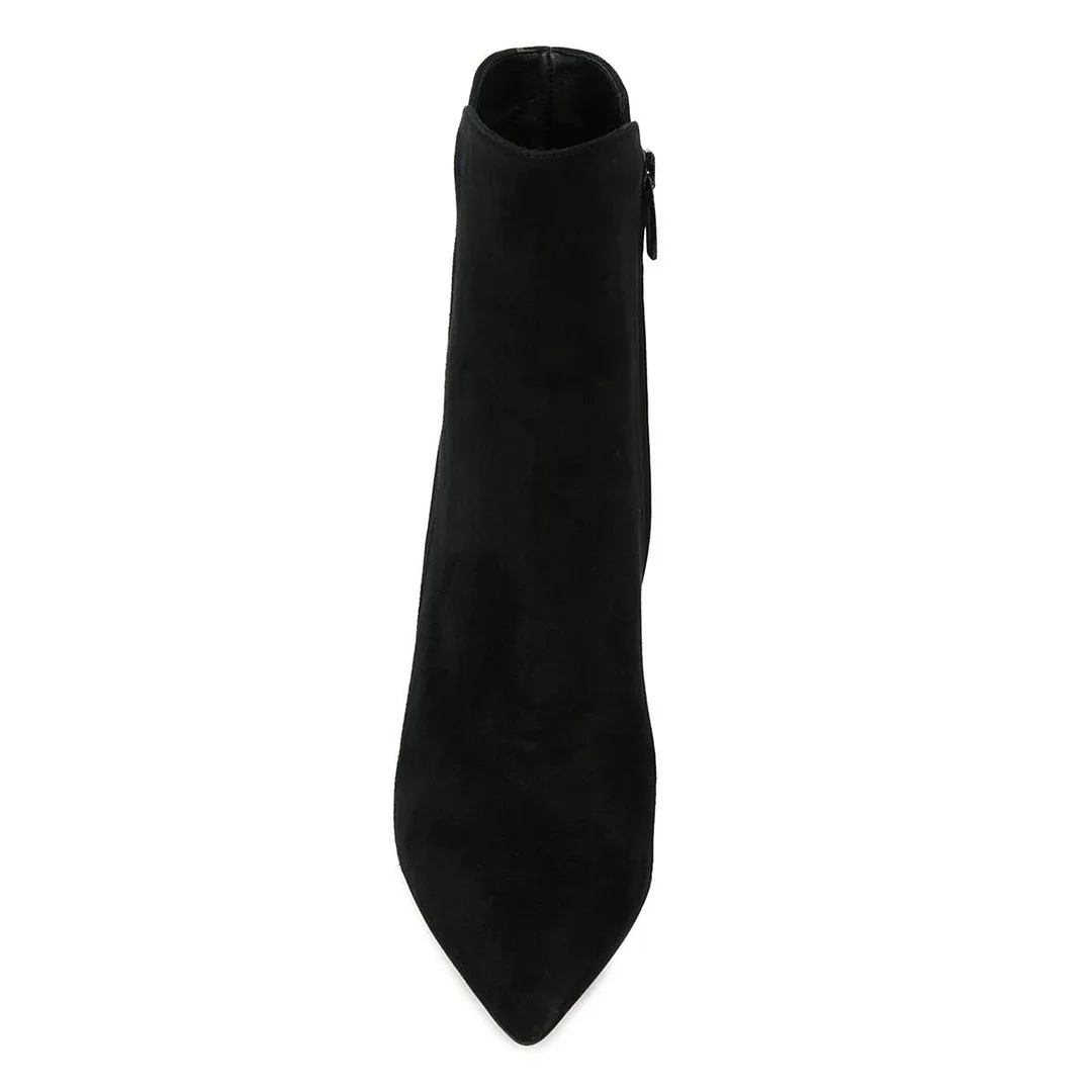 YDN Women's Vegan Suede Side Zipper Pointed Toe Black Heel Booties