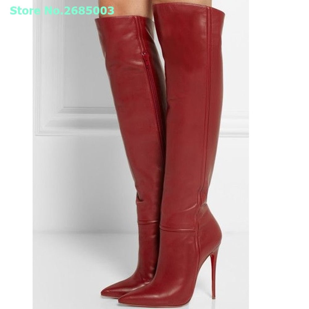 Pointed Toe Stiletto Heel Boots Solid Knee High Side Zipper Concise Women Autume Winter Daily Party Dress Long Boots Shoes