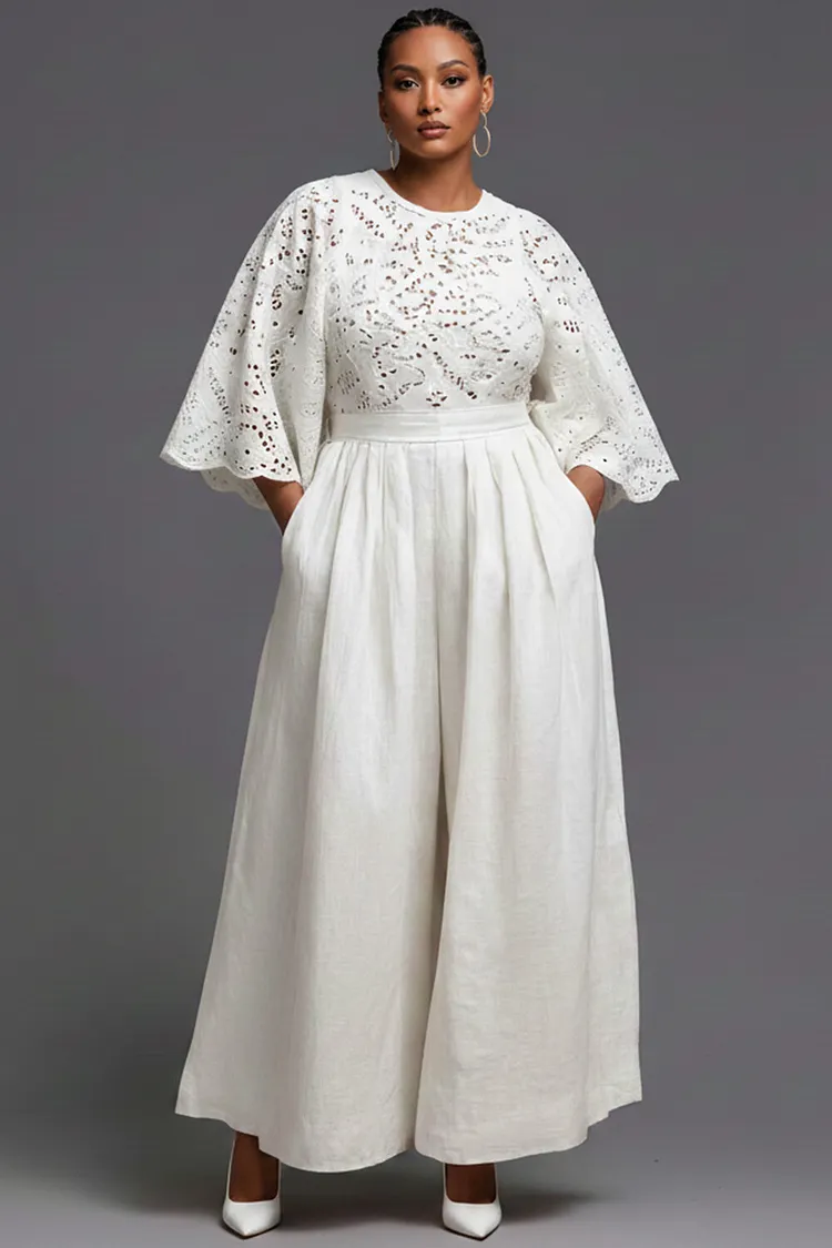 Xpluswear Design Plus Size Business Casual Casual White Round Neck Flare 3/4 Sleeve Pocket Jumpsuits [Pre-Order] 2024 - Xpluswear