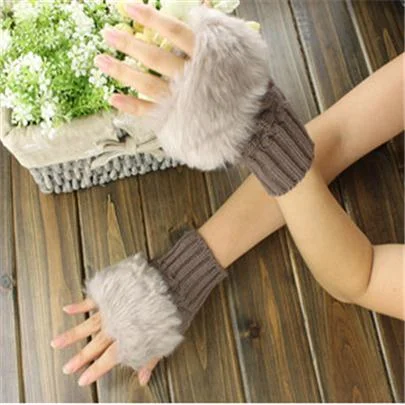 CUHAKCI Half Finger Woolen Winter Gloves Women Knitted Warm Mittens Long Imitation Rabbit Hair Lovely Fur Patchwork