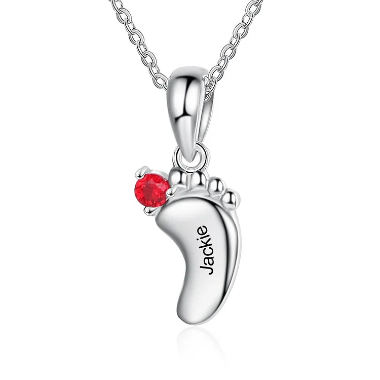 Baby Feet Pendant Necklace with 1 Birthstone Engraved with Name or Date
