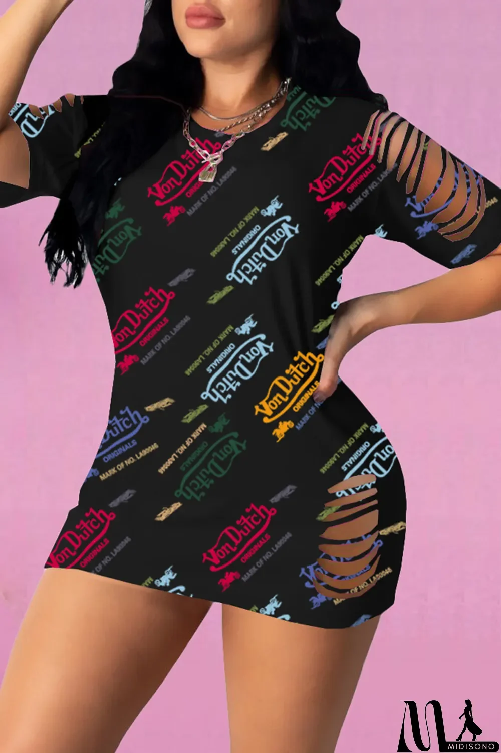MidiSono - Black Sexy Print Patchwork O Neck Straight Dresses