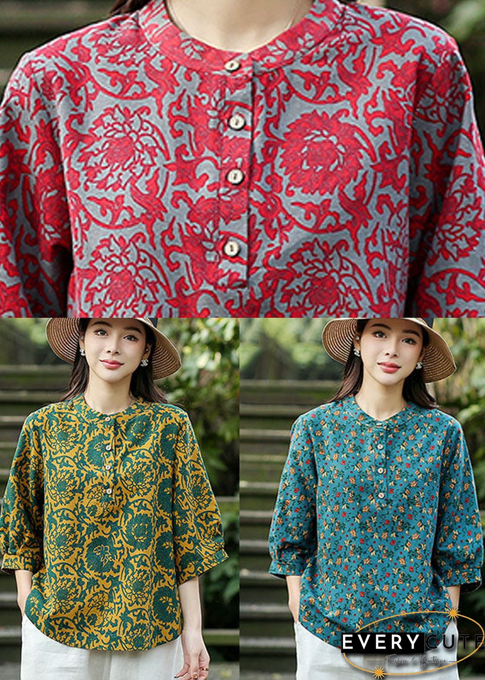 Handmade Yellow O-Neck Green Print Linen Shirt Top Bracelet Sleeve