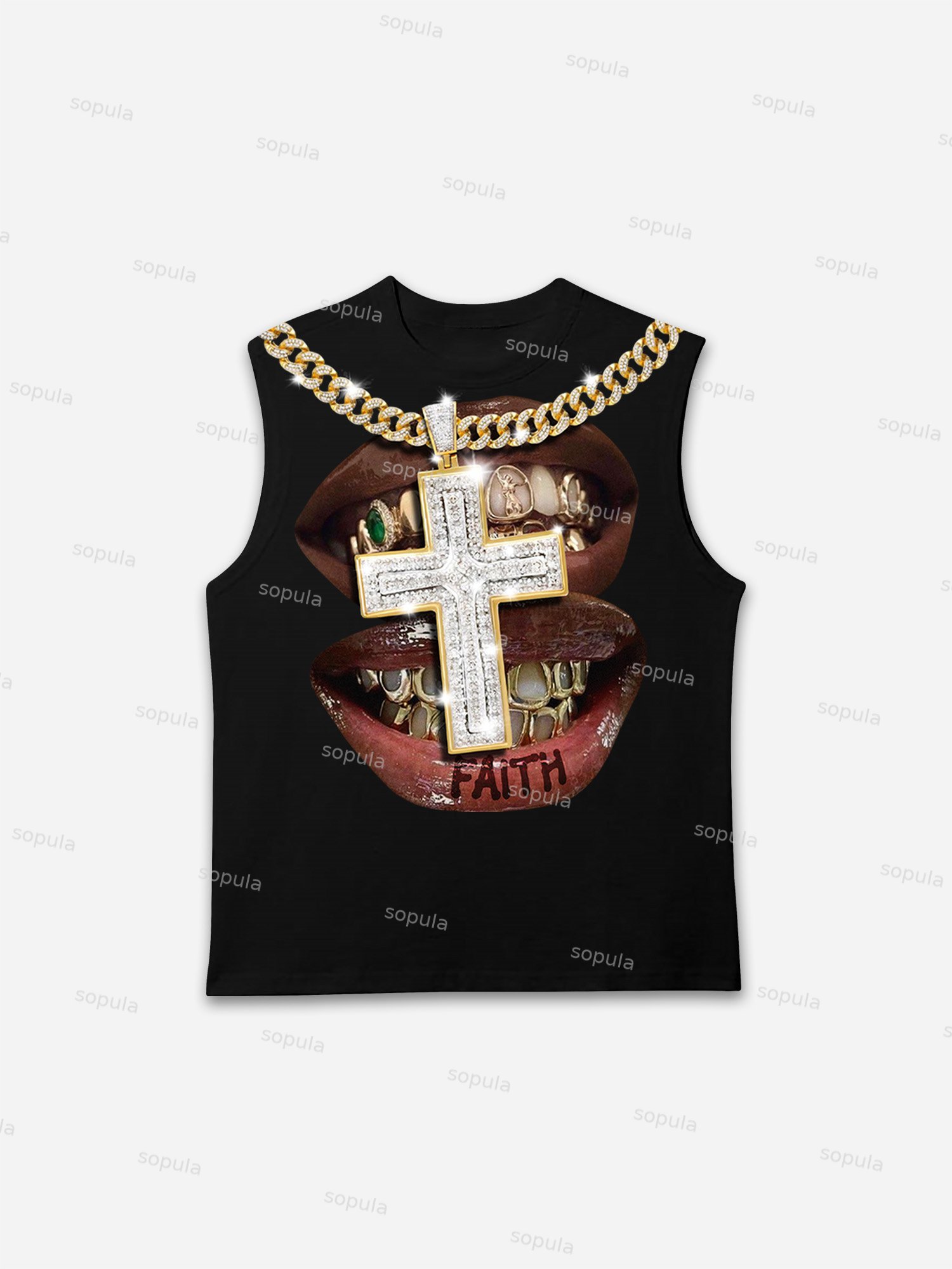 Faith Cross Diamond Necklace Lips Graphic Tank Top