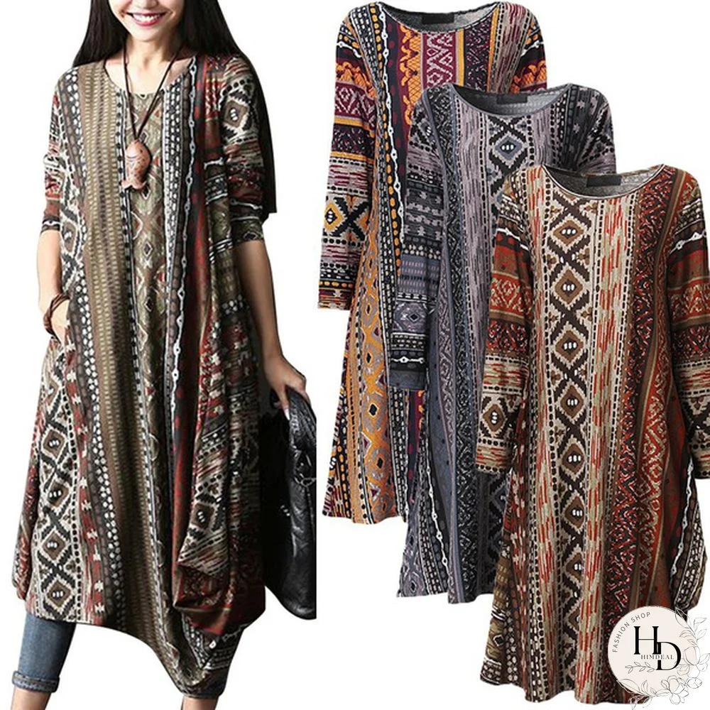 Women Loose Casual Loose Ethnic Retro Printed Kaftan Long Shirt Dress Plus