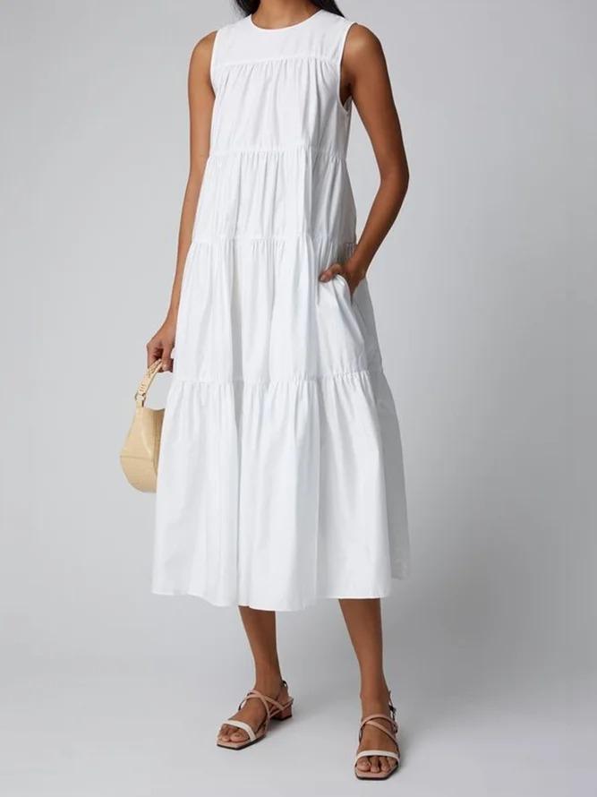 White Crew Neck Cotton-Blend Sleeveless Dresses