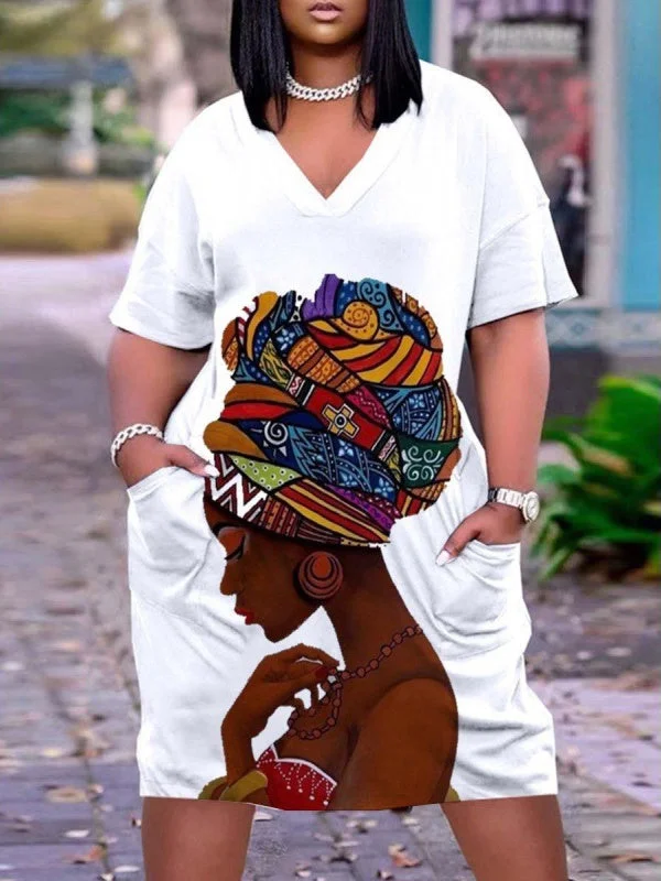 Women's White Plus Size V-neck Mid-sleeve Dress