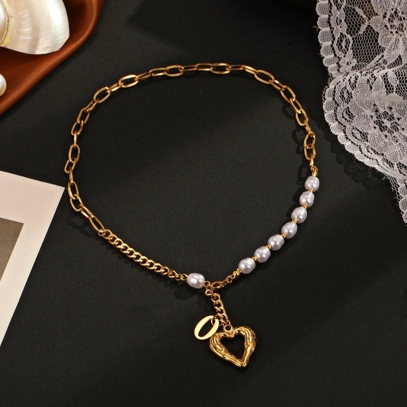 Fashion Heart Shape 304 Stainless Steel Artificial Pearls Inlay Stainless Steel Necklaces
