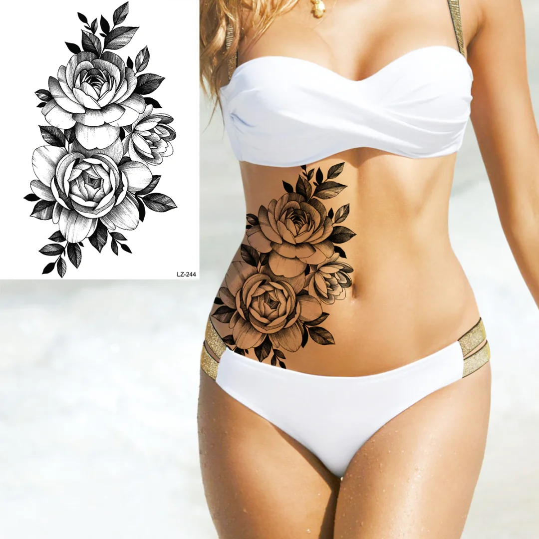 Sdrawing Black Skull Rose Flower Back Temporary Tattoos For Women Men Halloween Compass Round Fake Tattoo Sticker Skeleton