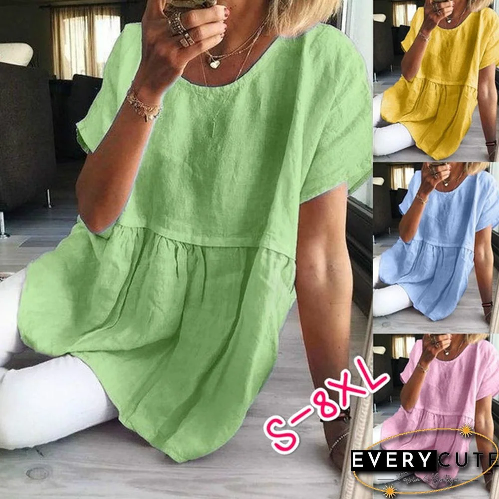 Plus Size Tops XS-8XL Fashion Clothes Summer Wome's Casual Short Sleeve Shirts Beach Wear Loose T-shirts Ladies Solid Color O-neck Linen Blouses