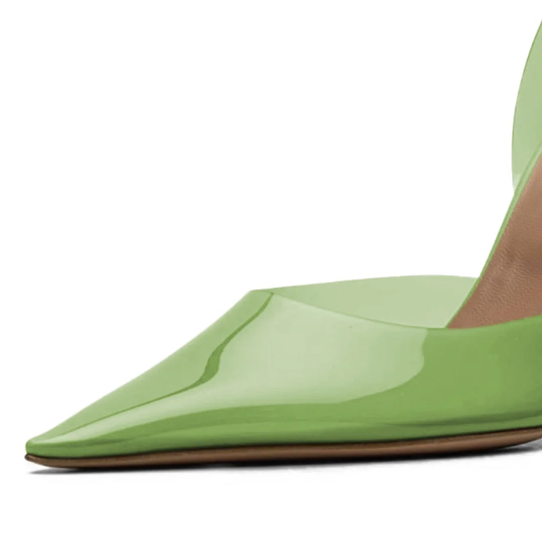 Green Transparent Pointed Toe Flared Heel Pumps Shoes with Slingback