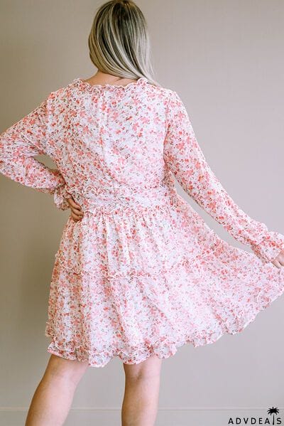 Plus Size Floral V-Neck Frill Long Sleeve Dress
