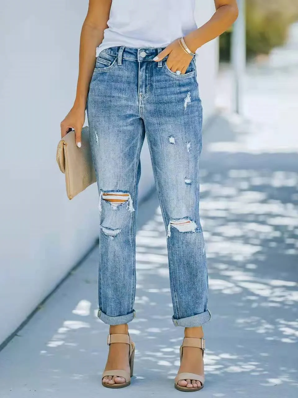 Women plus size clothing Women's Fashion Trend Ripped Jeans-Nordswear