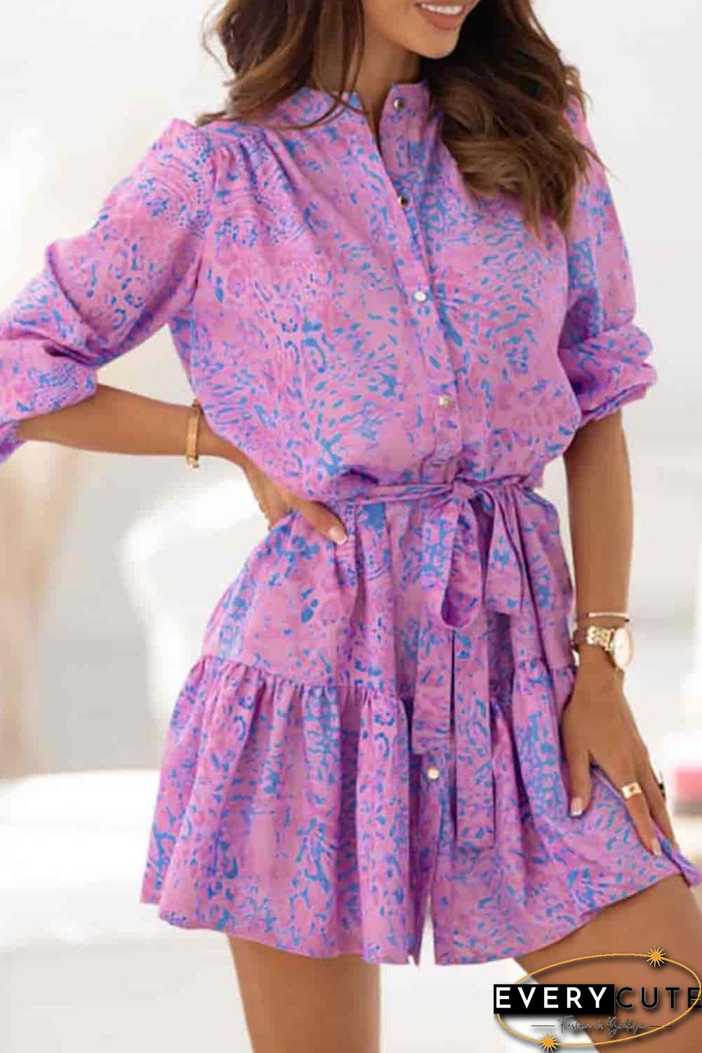 Purple Leopard Print Long Sleeve Shirt Dress