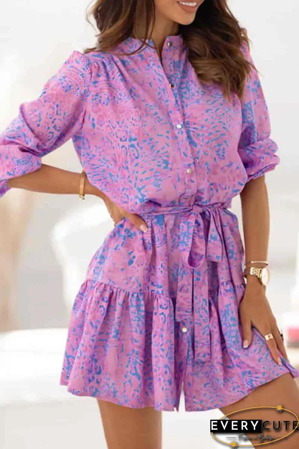 Purple Leopard Print Long Sleeve Shirt Dress