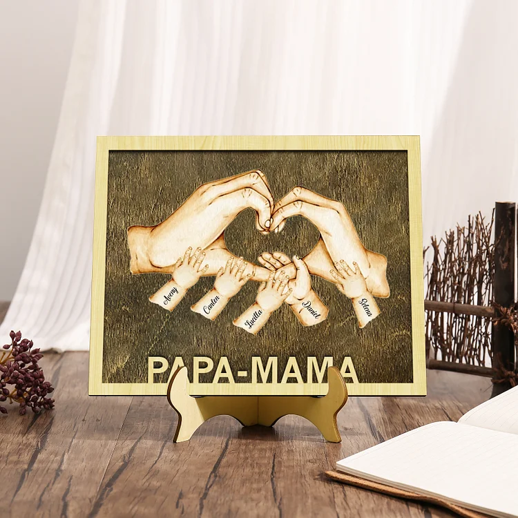 Kettenmachen PAPA-MAMA Holz Deko-Personalisierbare 5 Namen Ornament Familie Hand in Hand Holzdekoration für Eltern