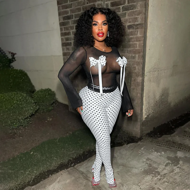 Uveng Uveng Women's Autumn And Winter Perspective Mesh Bow Bow Collar Tight Wave Dot Set