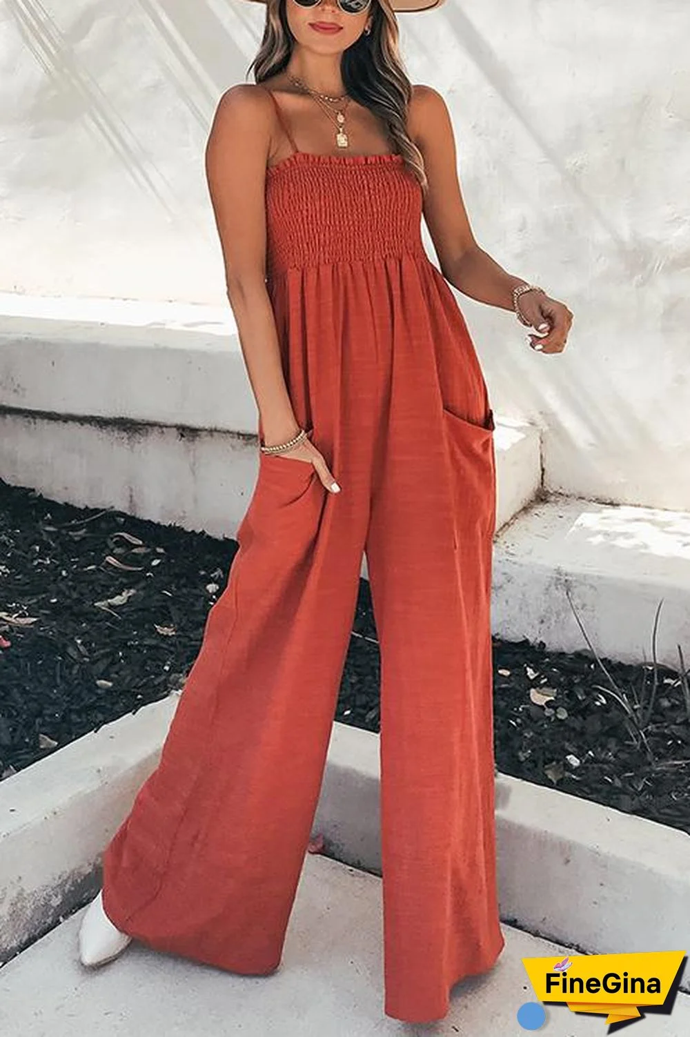 Elastic Pockets Wide Leg Slip Jumpsuit