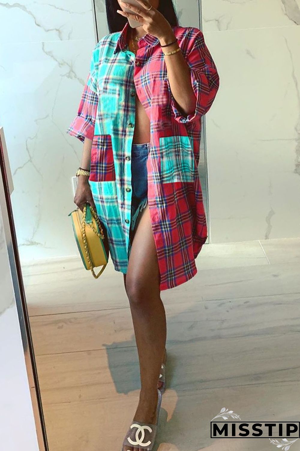 Multicolor Long Plaid Contrast Double Pocket Versatile Shirt Dress