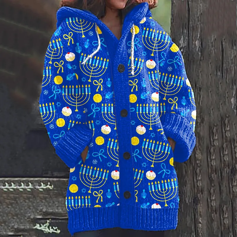 Women's Hanukkah Menorah Print Comfort Hooded Cardigan