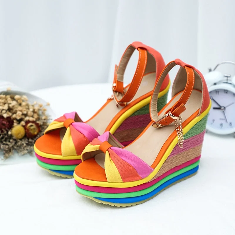 comemore 2021 Summer New Wedges Sandals For Women Platform Rainbow Shoes Bowknot Clogs high heels Female Metal chain Ladies Shoe