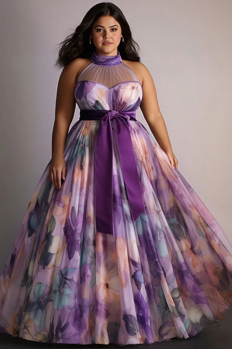Xpluswear Design Plus Size Prom Purple Floral Halter Collar Wrap Elegant See Through Tulle Maxi Dresses [Pre-Order] 2024 - Xpluswear