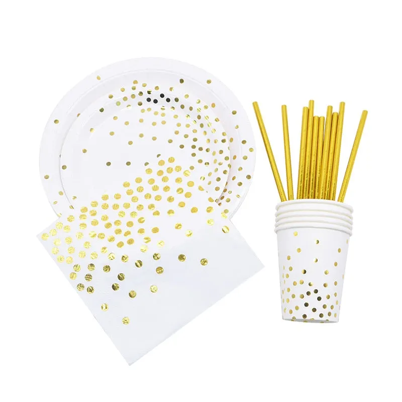 Gold Dot Disposable Tableware Set Paper Plates Paper Cups Straws Birthday Party Decorations Kids Adult Wedding Party Supplies