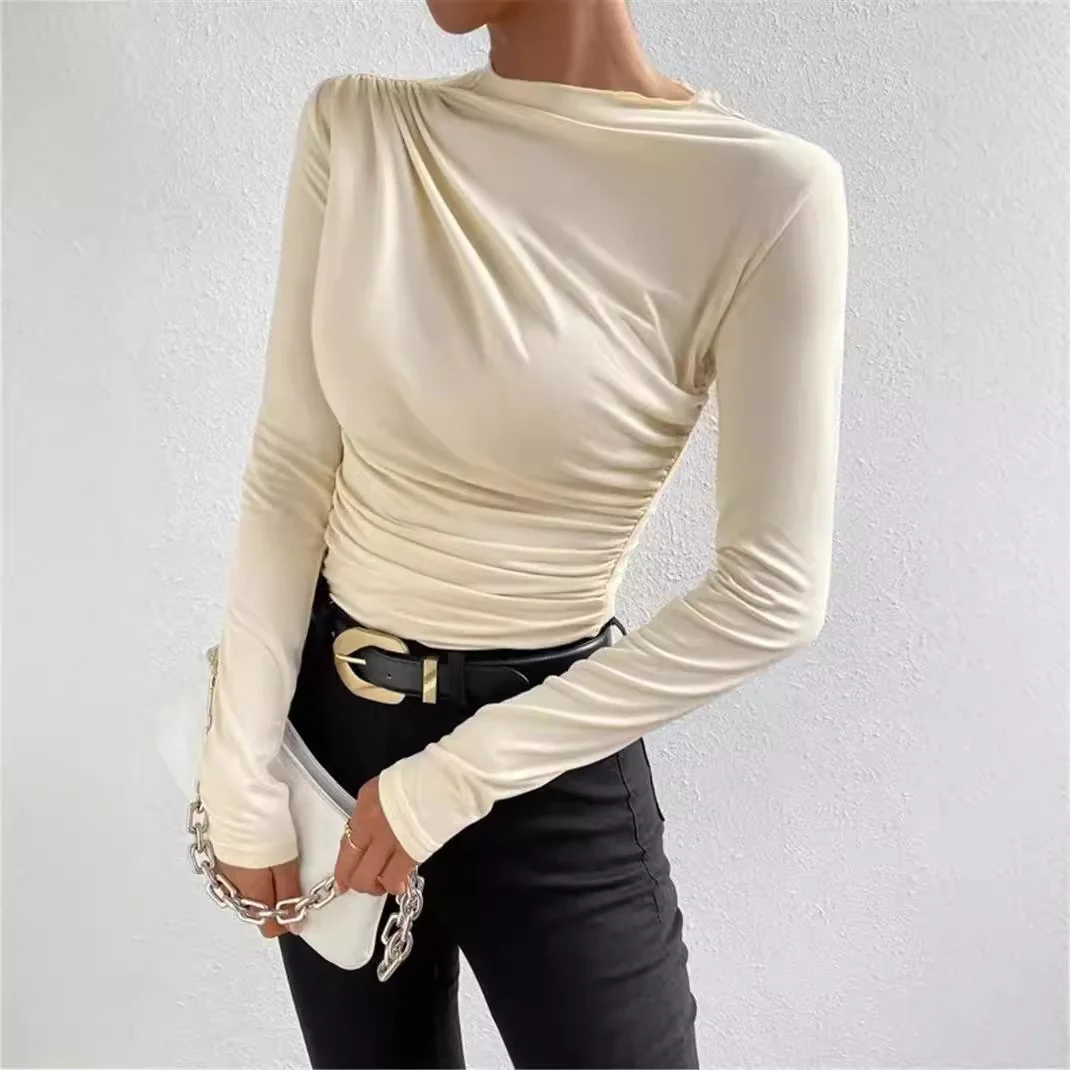 Nigikala Nigikala Summer Solid Color Round Collar Repair Shirt Bran Folding Design Women's Long-Sleeved Top
