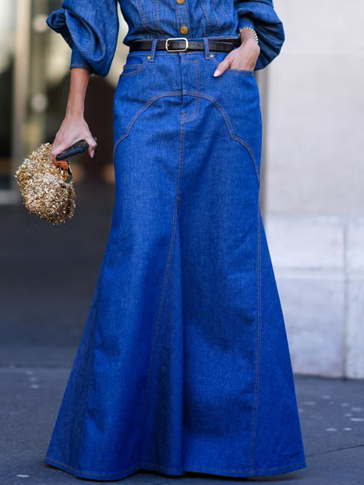 Casual Denim High Rise Pocket Mermaid Maxi Skirt