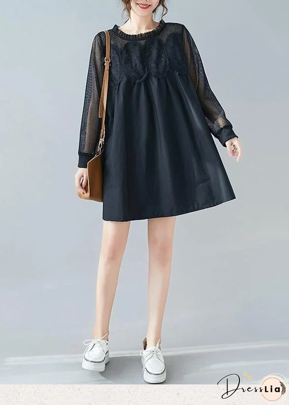 Handmade O Neck Patchwork Lace Dresses Shape Black Dresses