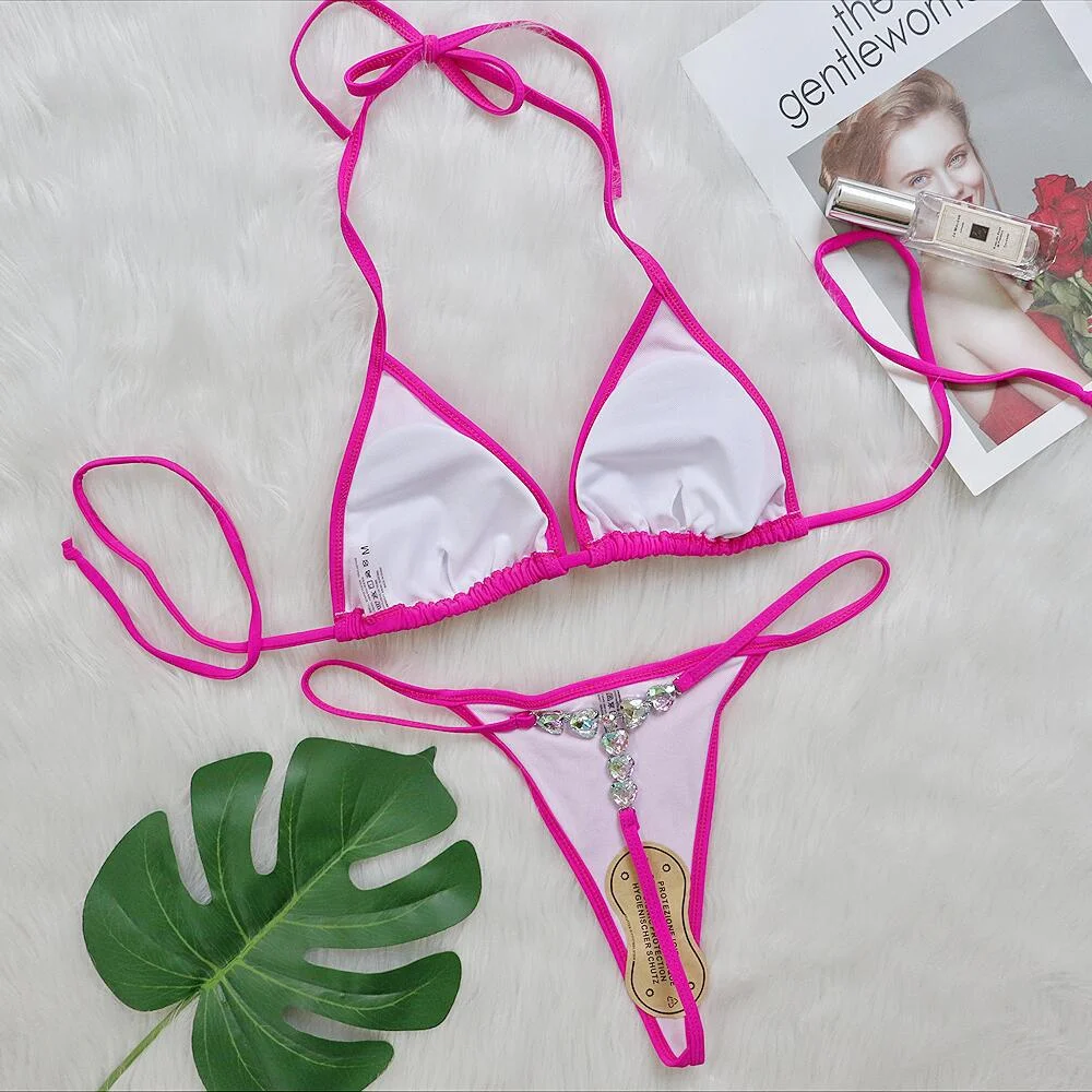 Pongl Pongl 2023 New TIKTOK Swimsuit Sexy Love Crystal Diamond Bikini Straps Thong Female Swimsuit