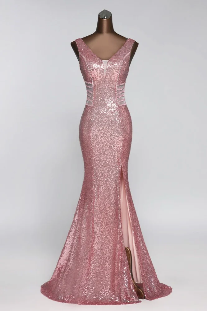 pink sequins v-neck mermaid long prom dress with split