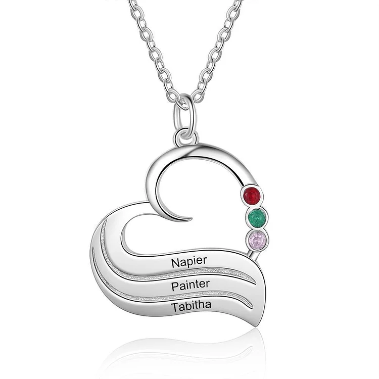 Heart Pendant Necklace with 3 Birthstones Engraved 3 Names