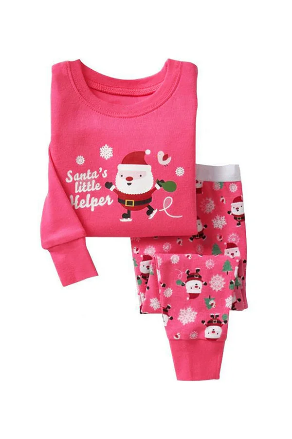 Long Sleeve Santa Snowflake Trees Print Christmas Kids Girls Pajama Pink-elleschic