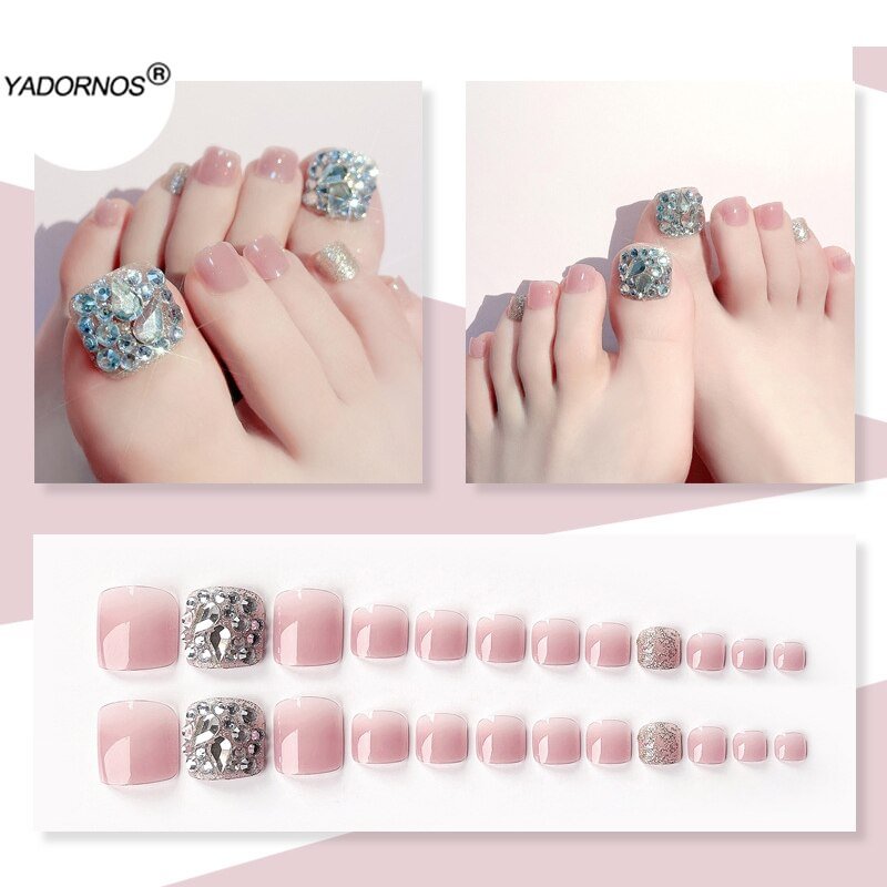Churchf on Toenails With Glitter Silver Pre Decorated Nails Cute with Rhinestones Full Coverage Fake toe nail With Jelly Glue 2022